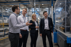 Engineering professionals conducting a factory visit in a modern manufacturing facility, highlighting the importance of Business German communication skills.