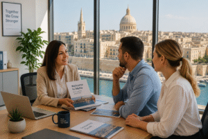 HR manager welcoming international employees during onboarding in a modern office in Malta with the Valletta skyline in the background.